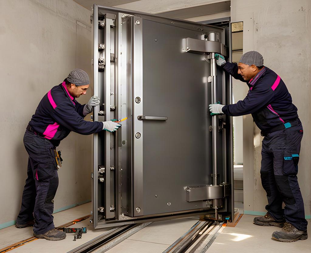 Technicians aligning a custom vault door during installation in a commercial security room