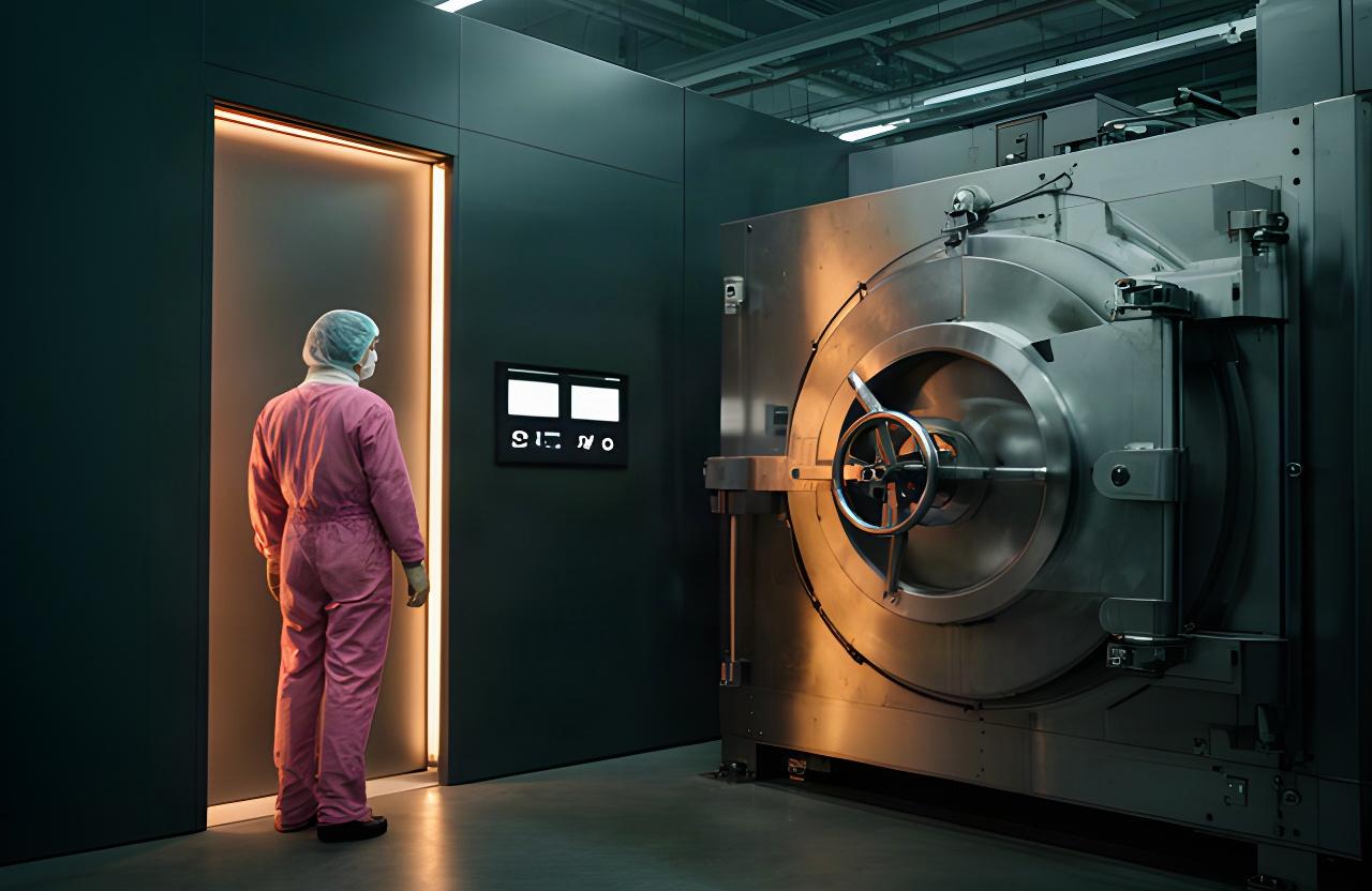 Authorised operations team member entering a controlled manufacturing area beside secure storage equipment